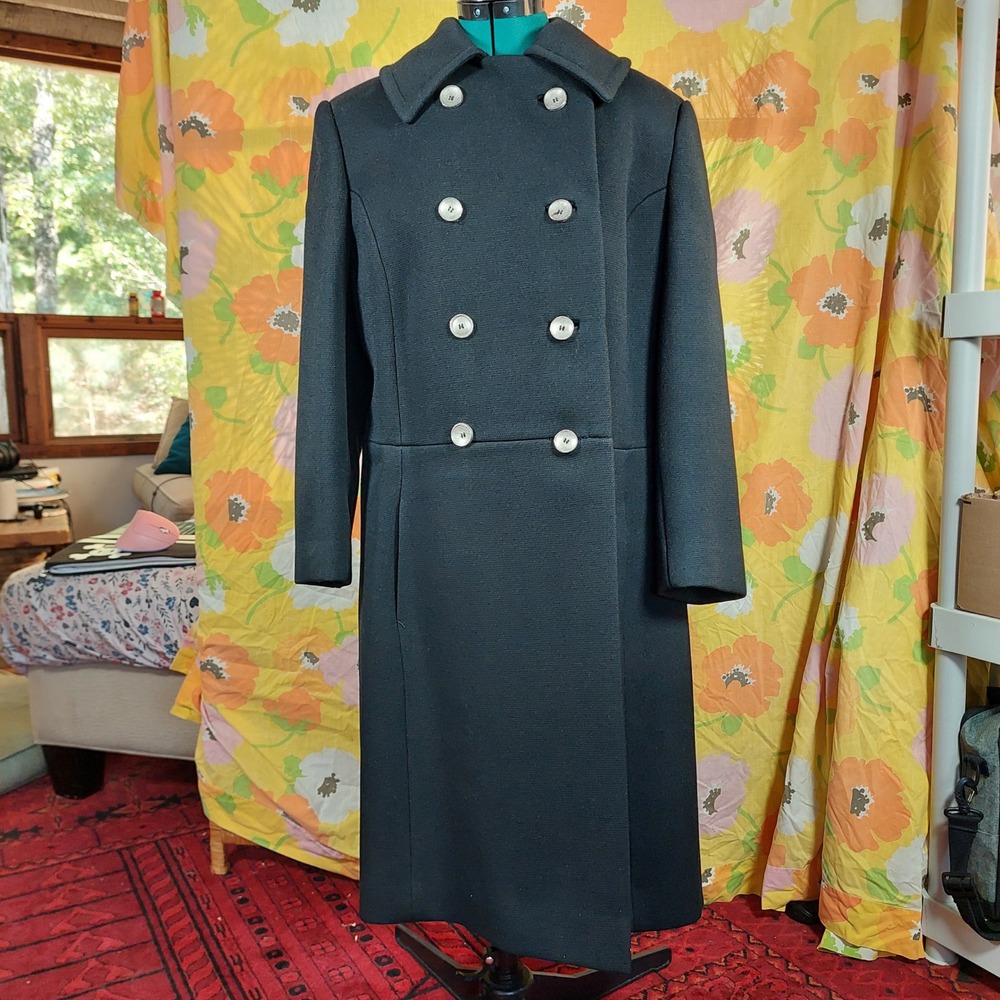 Vintage 60s Black Double Breasted Coat Metal Buttons Union Made Large